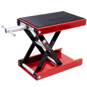 Adjustable Height Motorcycle Lift in Red and Black Steel