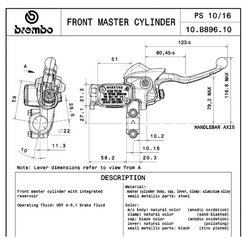 Front Master Cylinder Brembo Cross 896100 BREMBO Leviers frein and front brake master cylinder